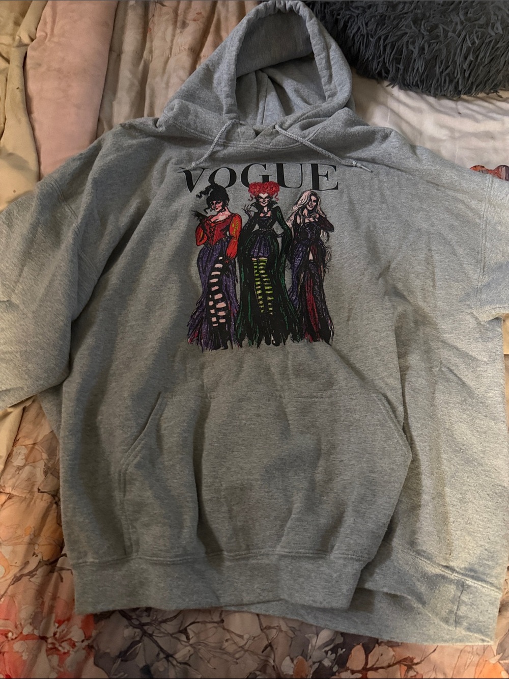 Vogue Gray Crewneck Hoodie with Multicolor Fashion Illustration